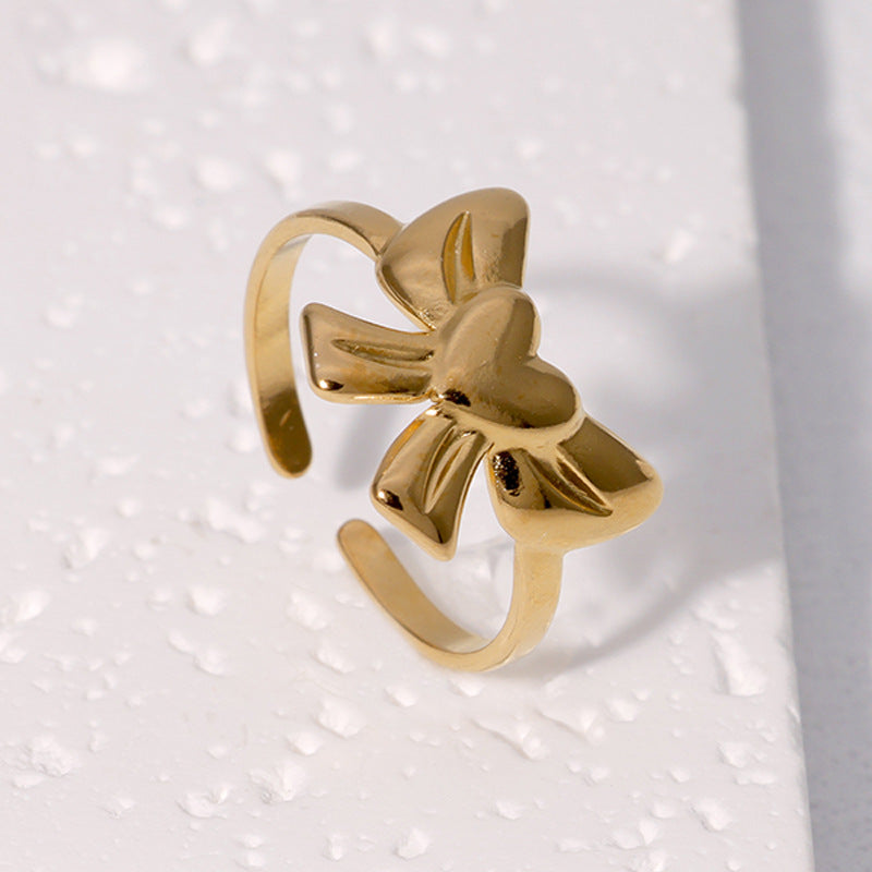 Sweet 18K Gold Plated Stainless Steel Open Ring with Heart and Bow Knot Design for Women