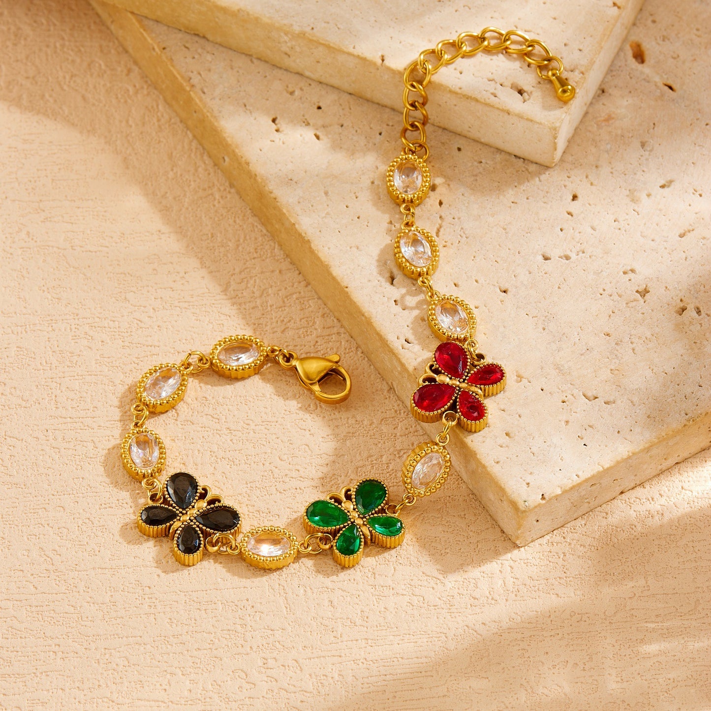 Fashion Elegant Gold Plated Stainless Steel Oval Butterfly Rhinestone Bracelet for Women