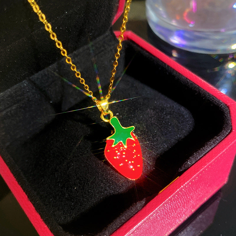 Sporty Sweet Micro-Set Cubic Zirconia Fruit Square Pendant Titanium Steel Cable Chain Necklace