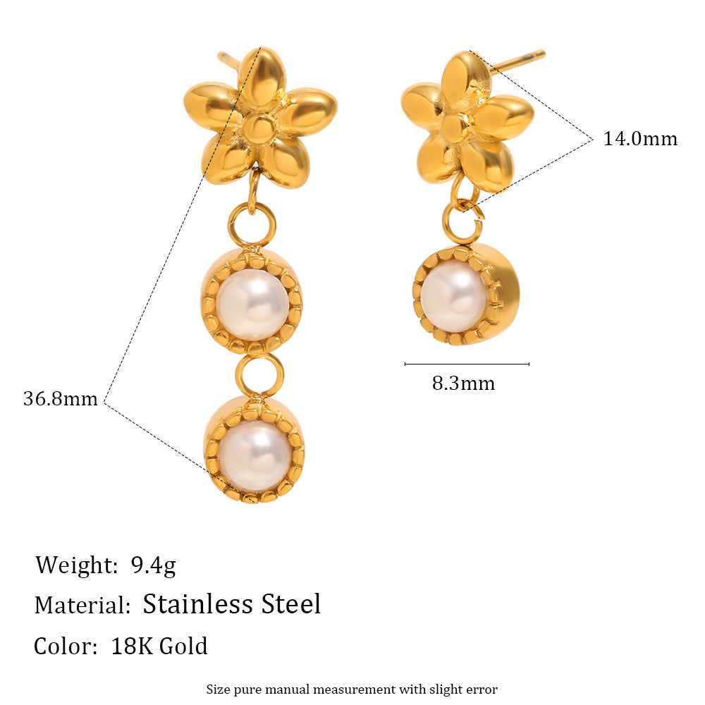 Minimalist Asymmetrical Flower Stud Earrings in Stainless Steel with 18K Gold Plating and Simulated Pearl Accents