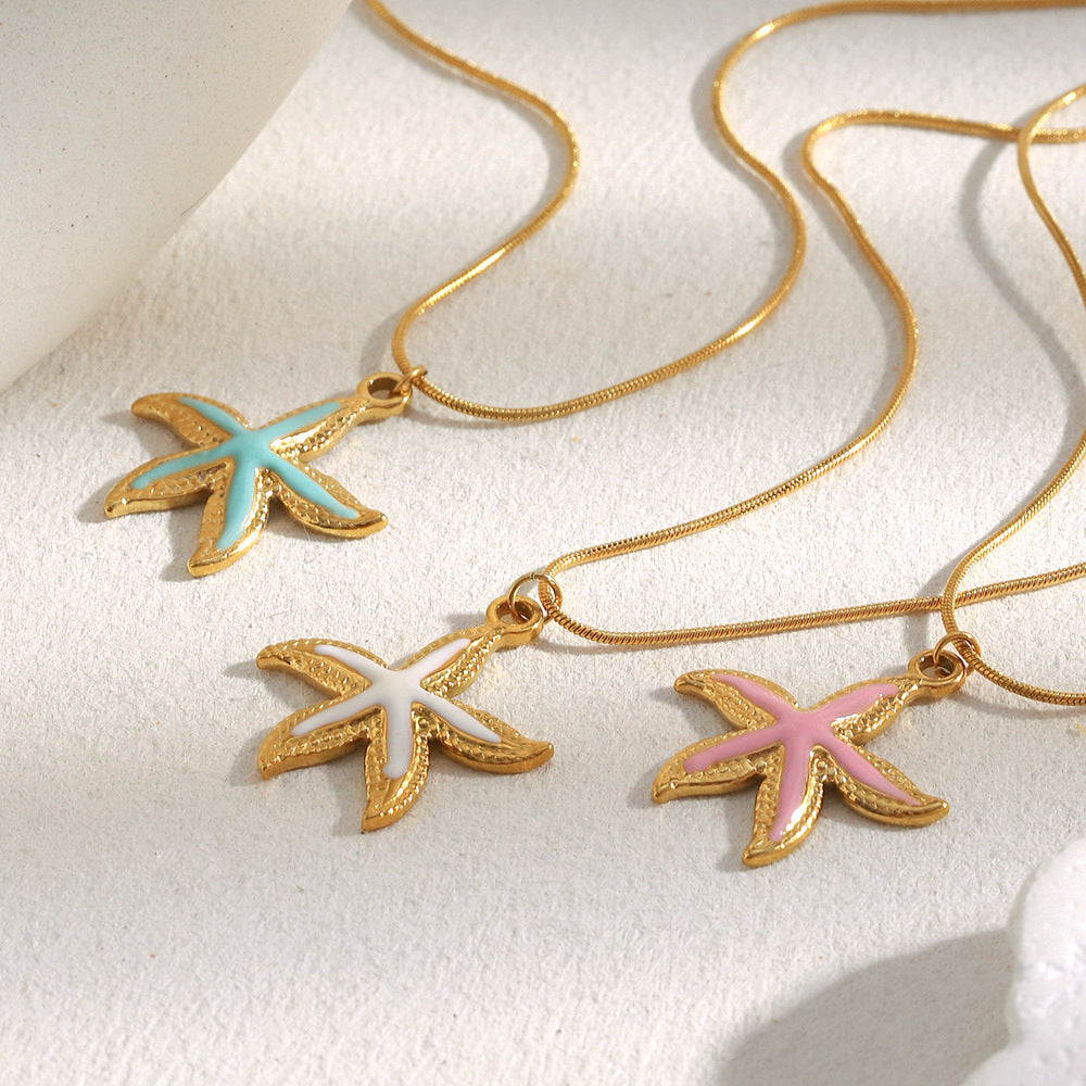 Luxury Star-Shaped Stainless Steel Plated 18K Gold Enamel Sea Star Pendant Necklace for Women