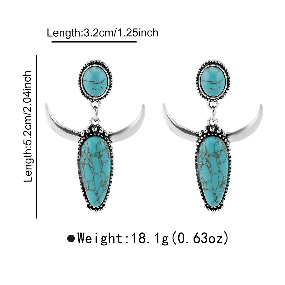 Pendientes bohemios de turquesa con cabeza de toro geométrica para mujer con base de aleación y acabado chapado
