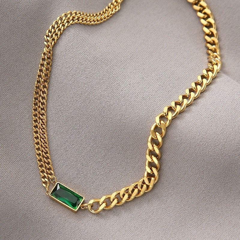 Vintage Geometric Titanium Steel Plated Double-Layer Clavicle Necklace with Emerald Zircon Accents