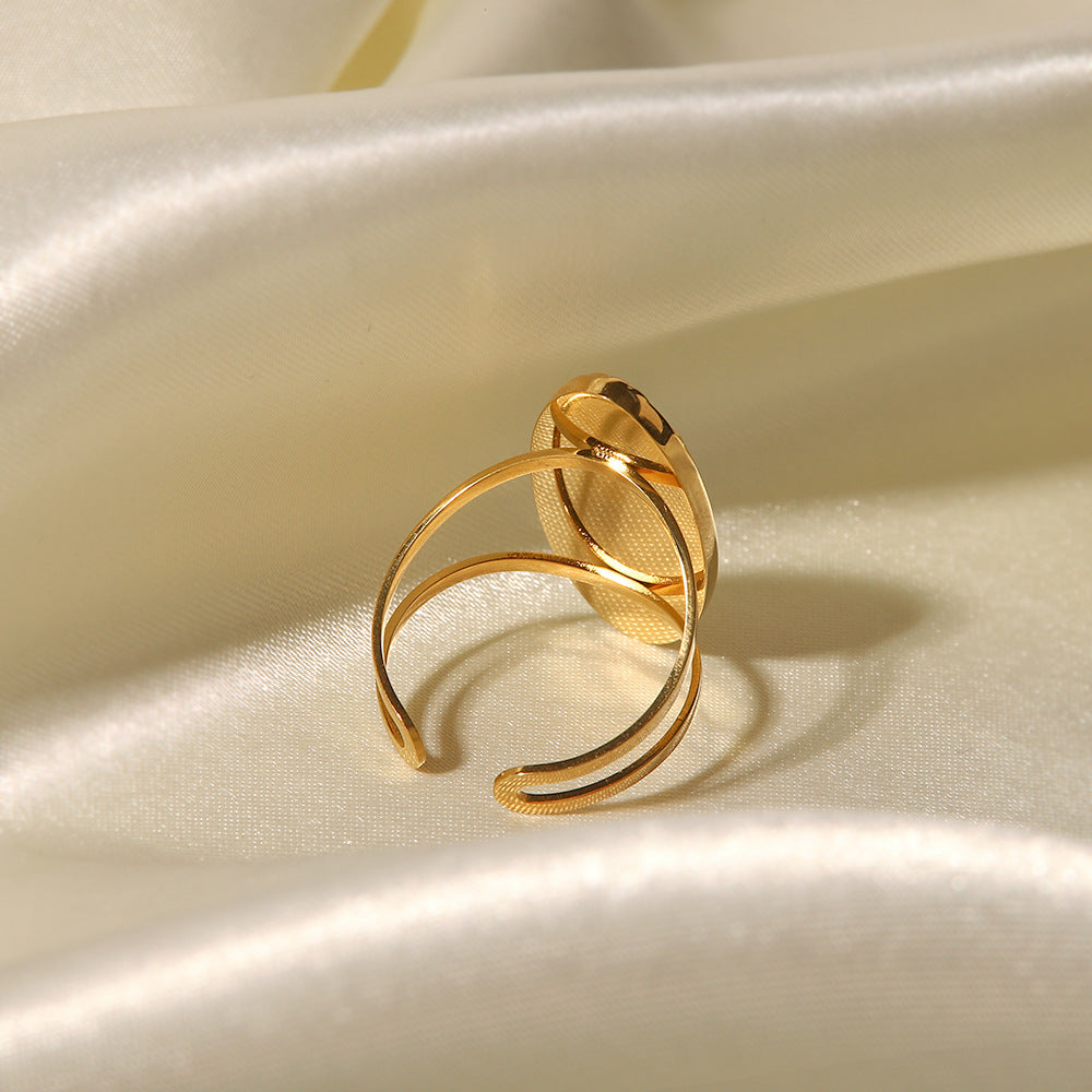 Vintage French Style 18K Gold Plated Stainless Steel Oval Mother of Pearl and Pearl Inlay Open Ring for Women