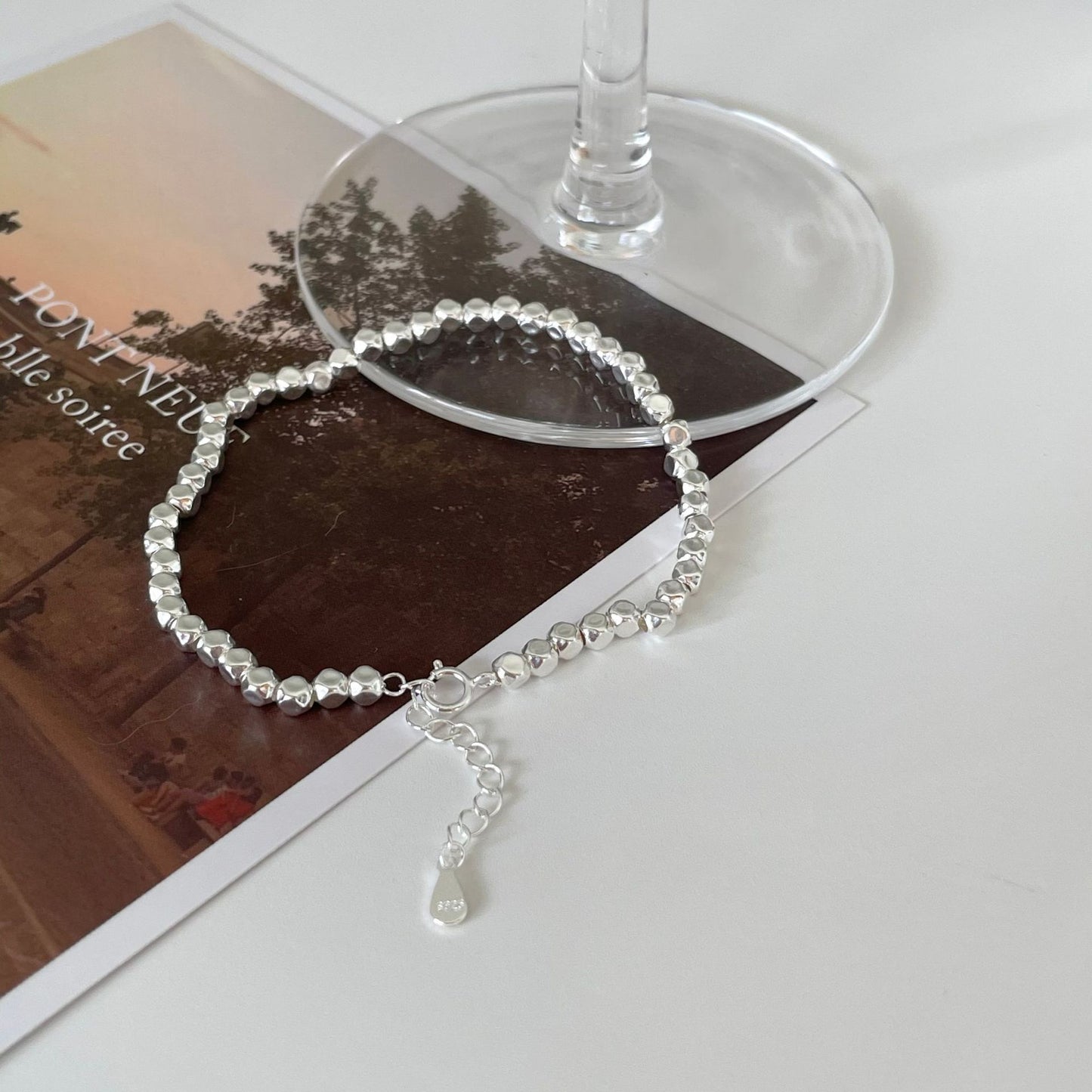 Pulsera de cuentas cuadradas geométricas de estilo natural en plata de ley S925 con acabado chapado
