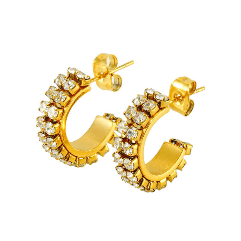 Orecchini da donna in acciaio inossidabile placcati oro 18 carati a forma di C geometrica, con intarsio di strass, alla moda