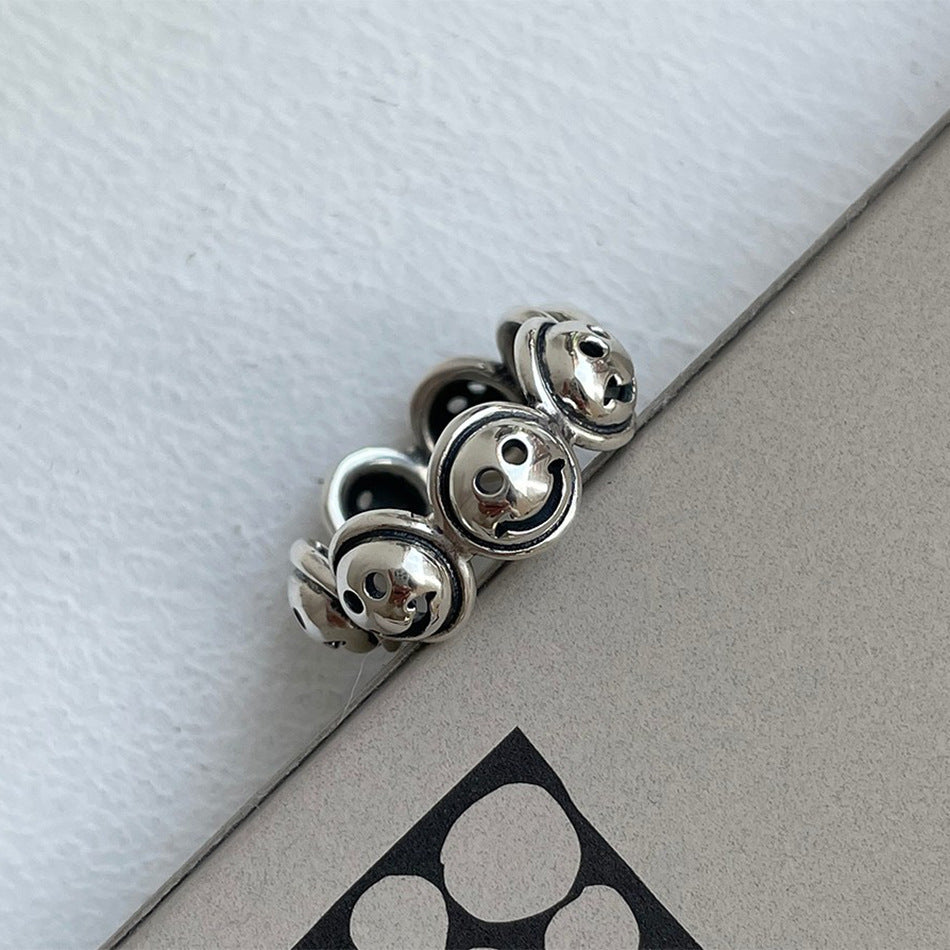 Minimalist Vintage 925 Sterling Silver Smiley Face Ring for Women
