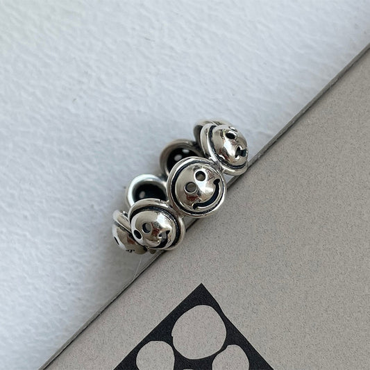 Anillo minimalista de plata de ley 925 vintage con cara sonriente para mujer