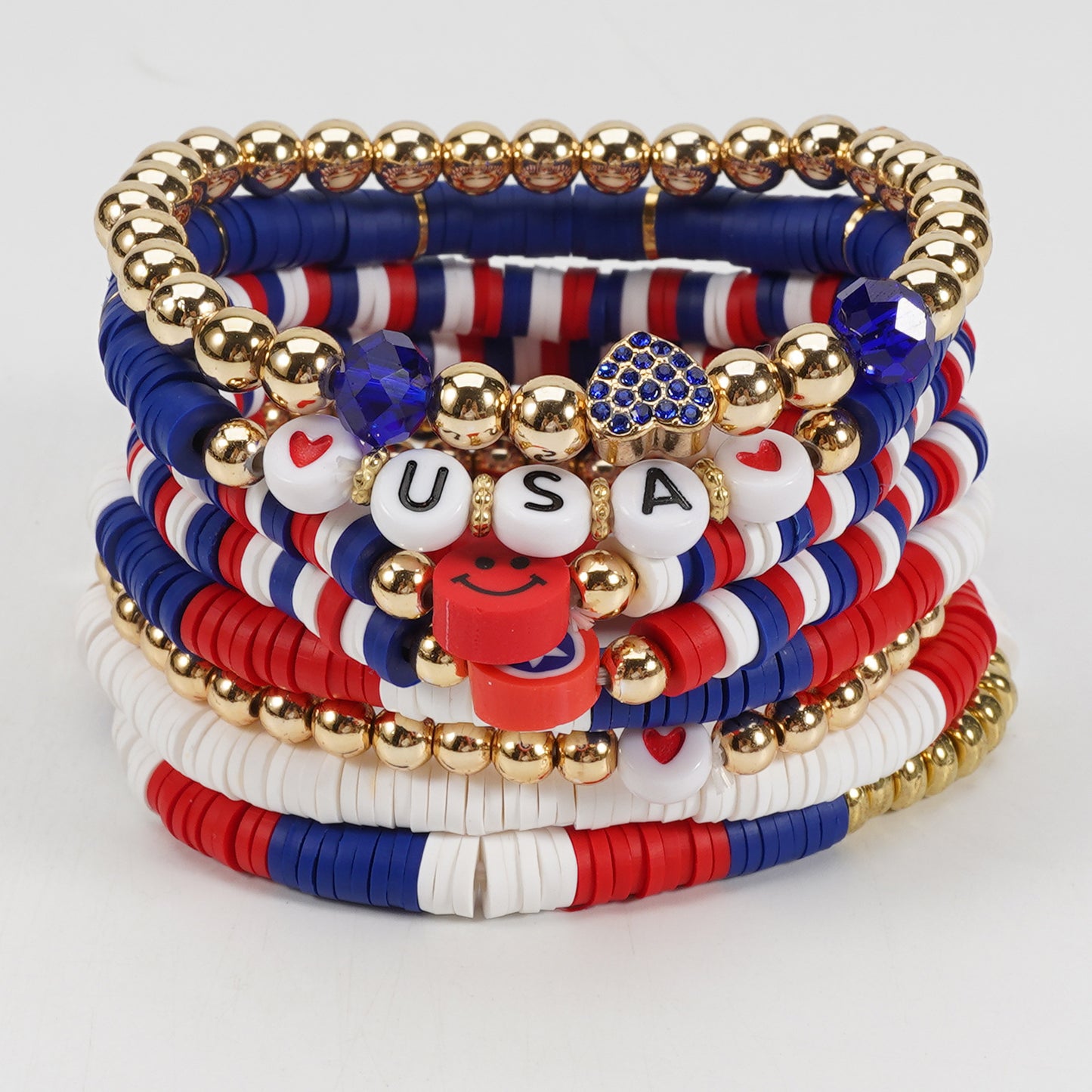 Pulsera de cuentas de resina geométrica unisex con bandera de Estados Unidos en rojo, blanco y azul
