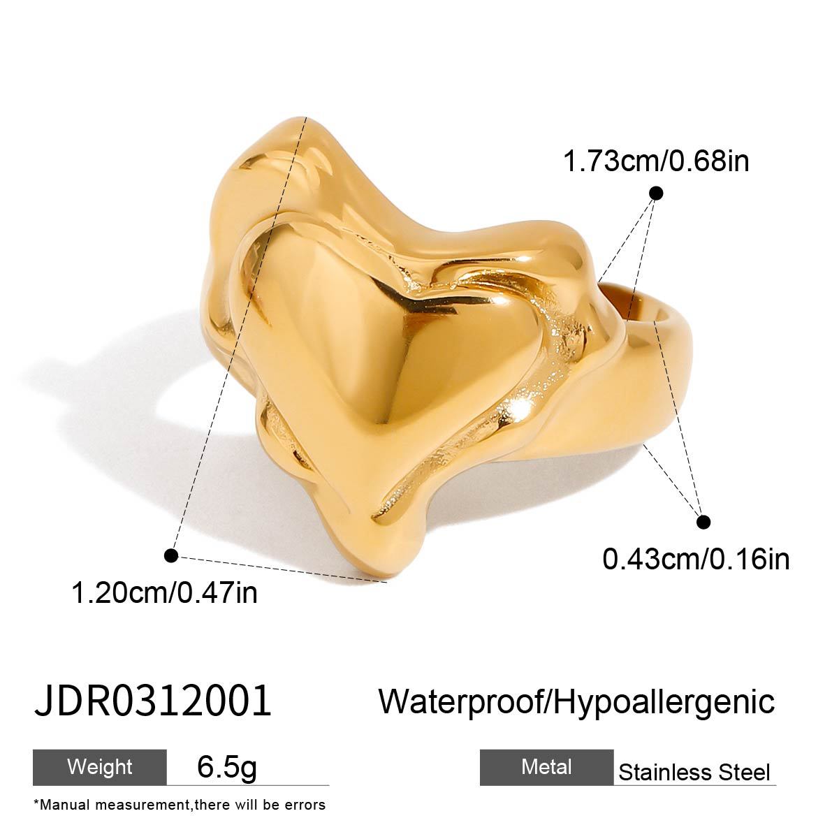Anello da donna in acciaio al titanio a forma di cuore, minimalista, placcato in oro tramite PVD.