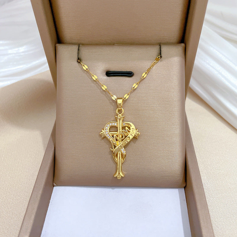 Minimalist Heart Cross Pendant Necklace in Stainless Steel with Rhinestone Inlay for Women and Men