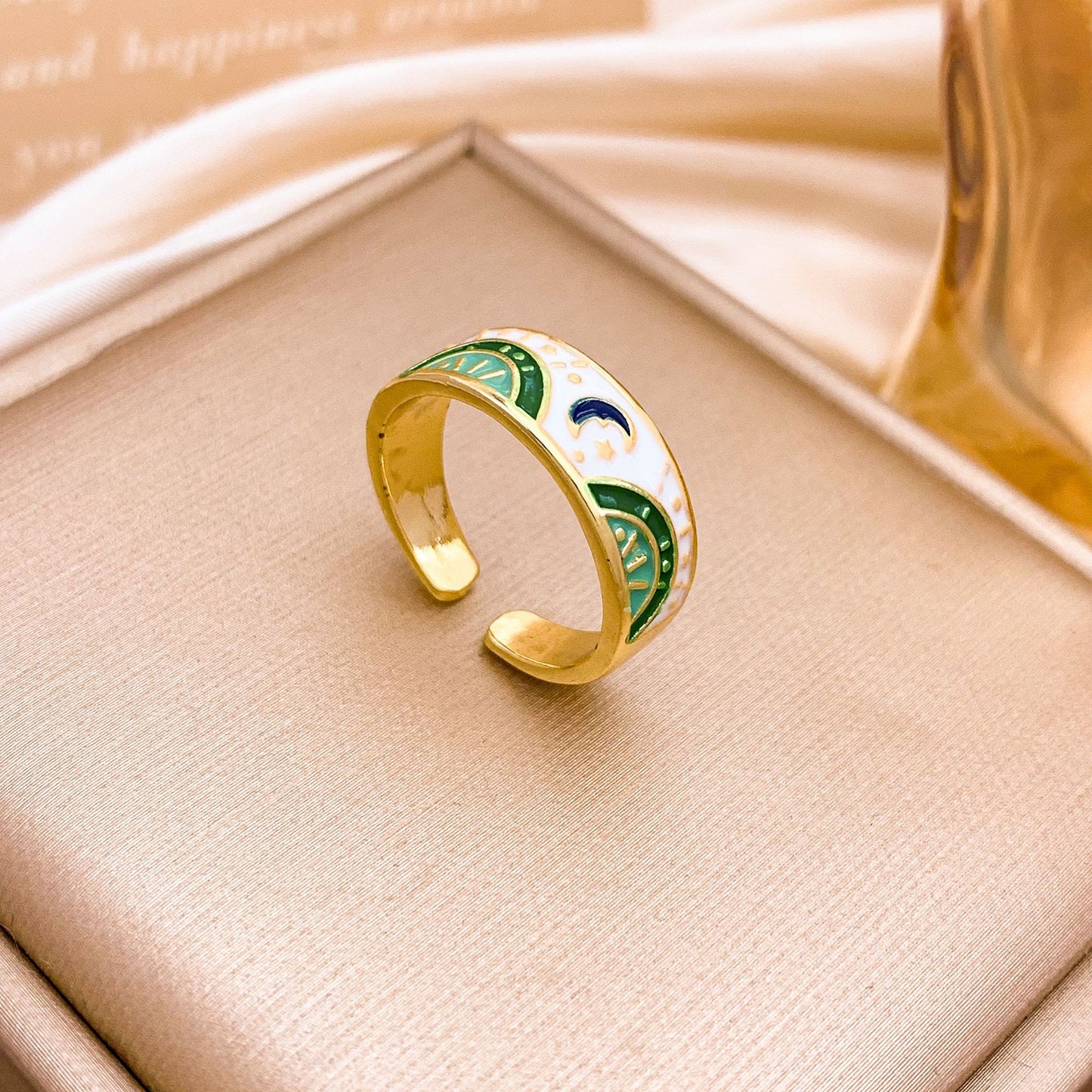 Sweet Minimalist Gold Plated Alloy Ring with Star Moon and Floral Design for Women