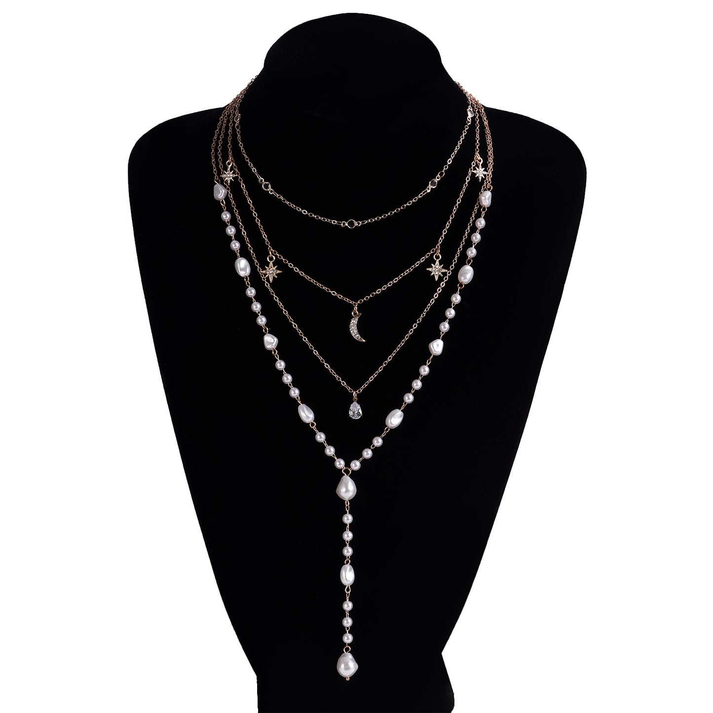Collana di Perle a Strati Multipli d'Ispirazione Barocca Minimalista da Donna con Pendente Geometrico, Lega Elettroplaccata, Accenti di Luna e Stella