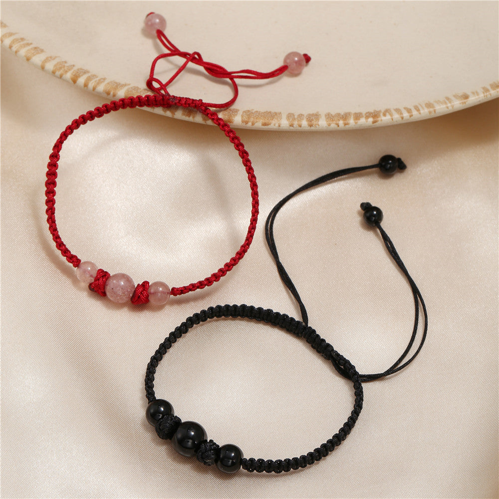 Minimalist Handmade Obsidian Braided Bracelet Unisex Drawstring Cord