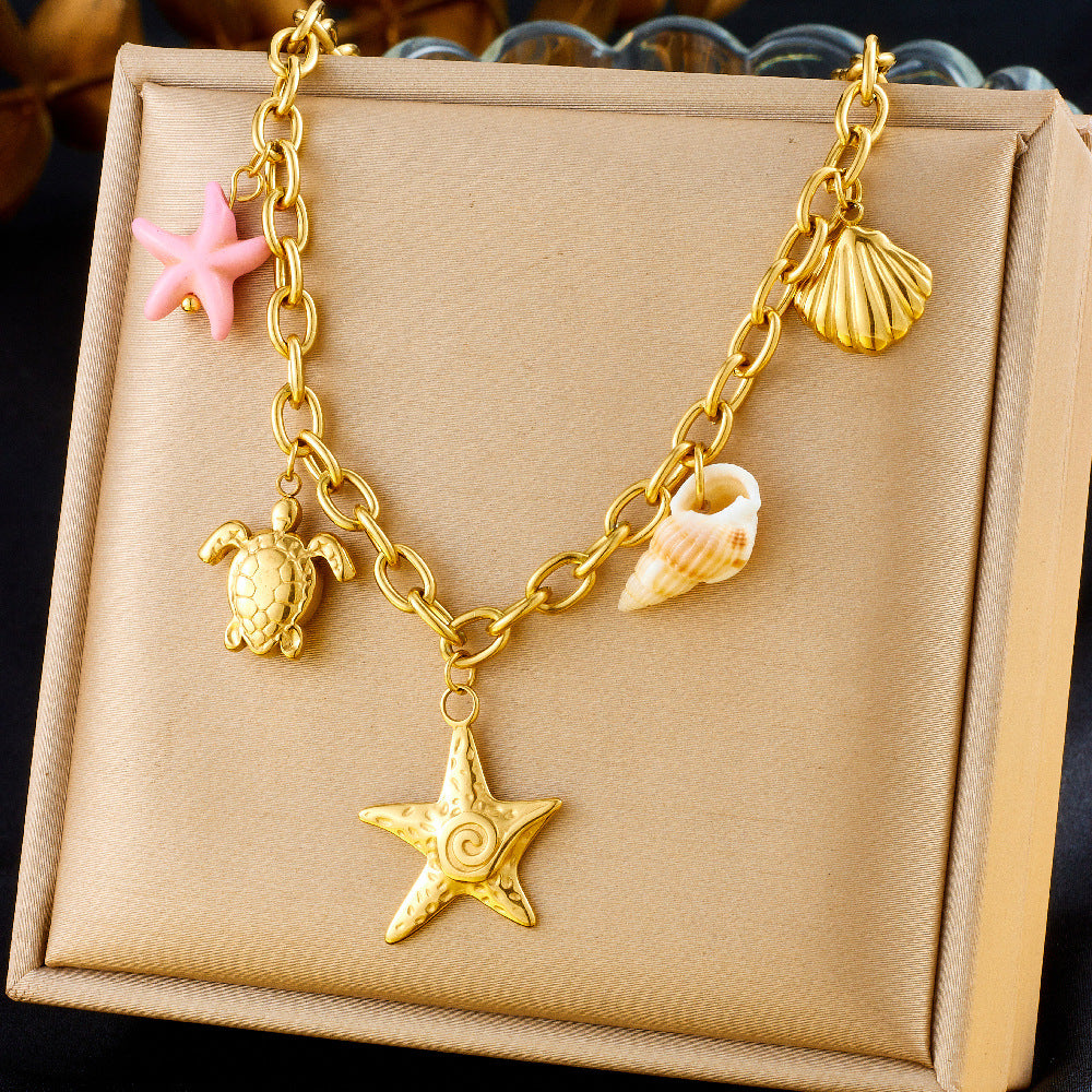Personality Drip Oil Stainless Steel Dolphin Starfish Pearl Shell Necklace with Thick Chain for Women