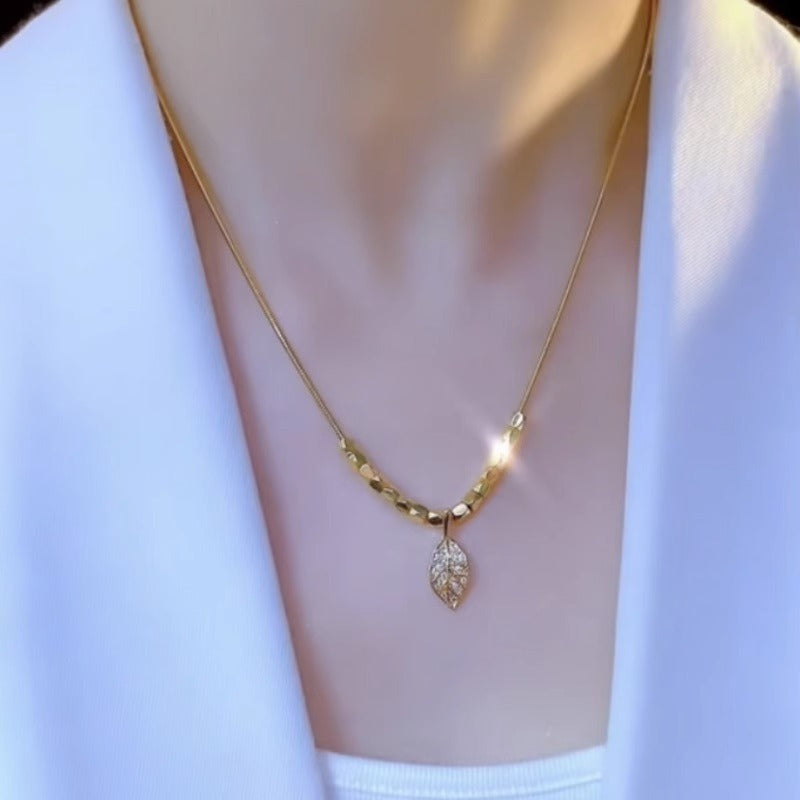 Minimalist Leaf Pendant Necklace in Titanium Steel with Plated Finish for Women, Delicate Clavicle Chain