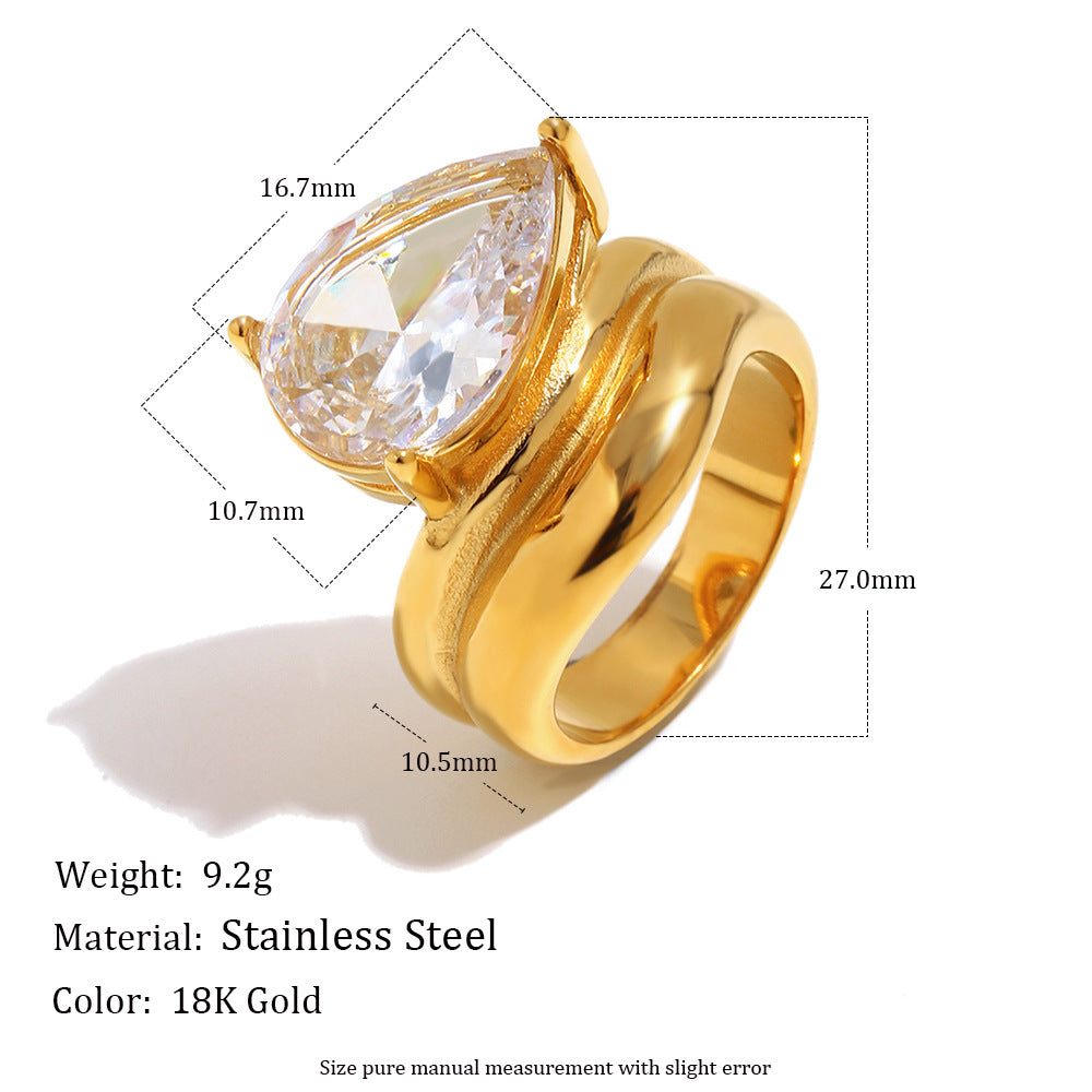Minimalist Elegant 18K Gold Plated Stainless Steel Double Layer Teardrop Geometric Cubic Zirconia Ring for Women