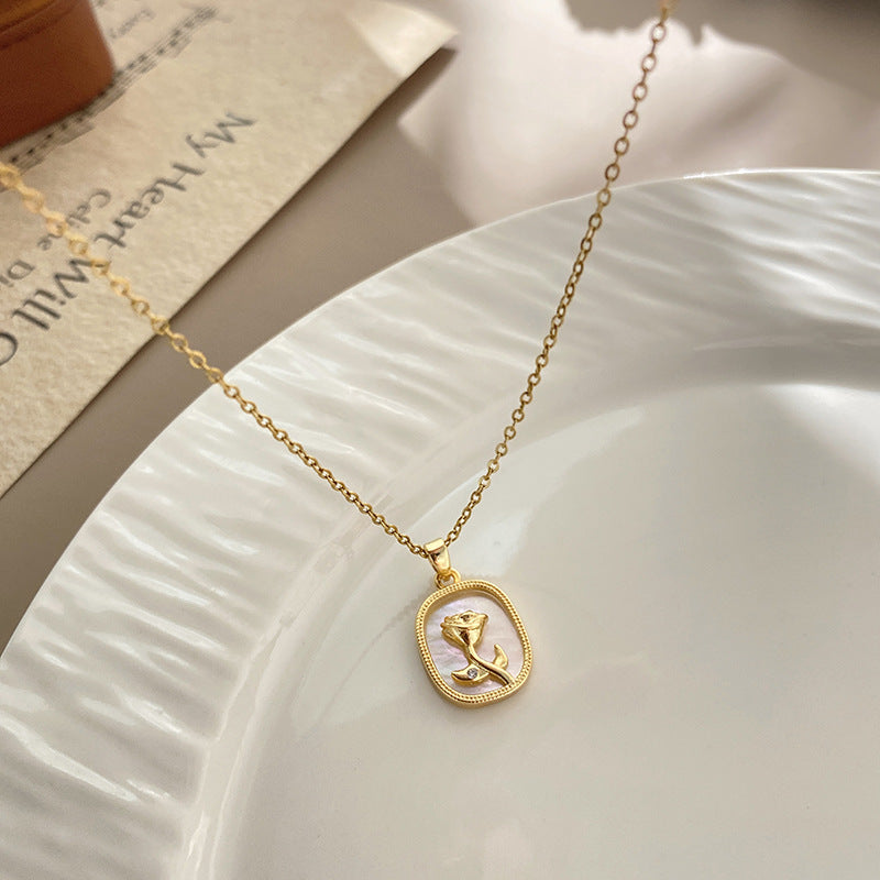 Minimalist Gold Plated Drip Oil Floral Rose Pendant Titanium Steel Necklace for Unisex