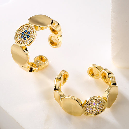 Geometric Open Ring for Women with Copper Base Plated in 18K Gold and Micro-Paved Zirconia