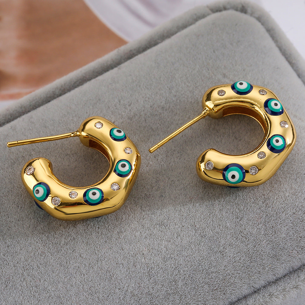Irregular Geometric C-Shaped Earrings for Women with Micro-Pave Setting in Copper, Fashion-Forward Minimalist Design