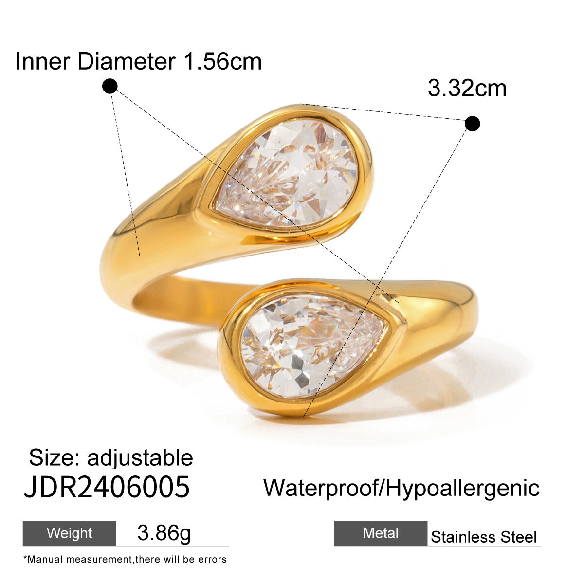 Minimalist 18K Gold Plated Asymmetric Teardrop Open Stainless Steel Ring with Cubic Zirconia