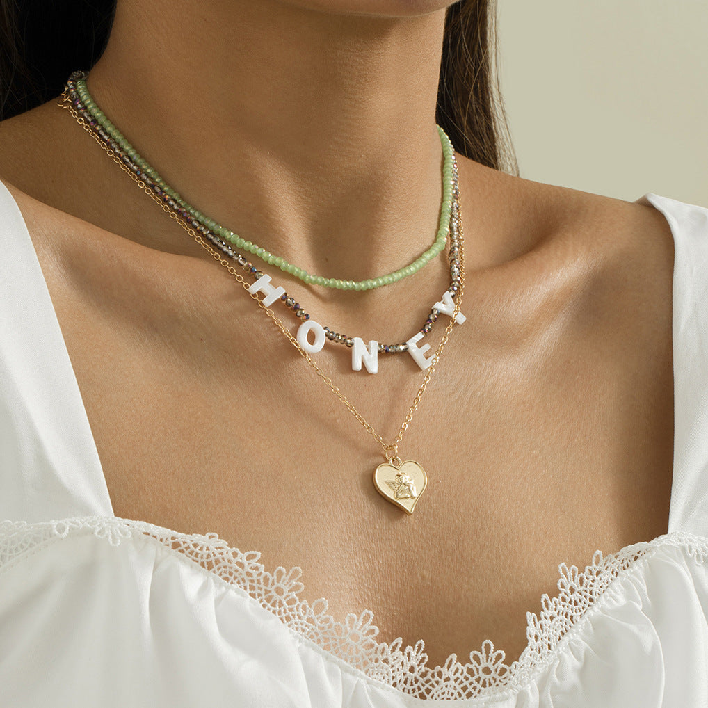 Minimalist Honey Letter Layered Necklace with Heart Shape Pendant, Alloy Chain, Electroplated Finish, Bohemian and Rustic Inspired