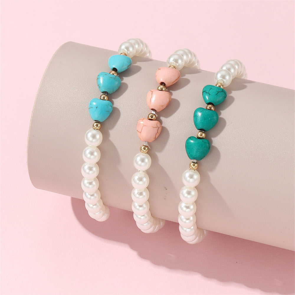 Cute Heart-Shaped Imitation Pearl Bracelet for Kids with Handmade Craftsmanship and Fresh Sweet Style