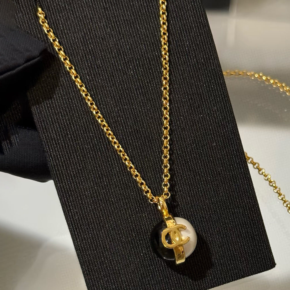 Elegant Gold Plated Brass Double C Letter Pearl Necklace for Women