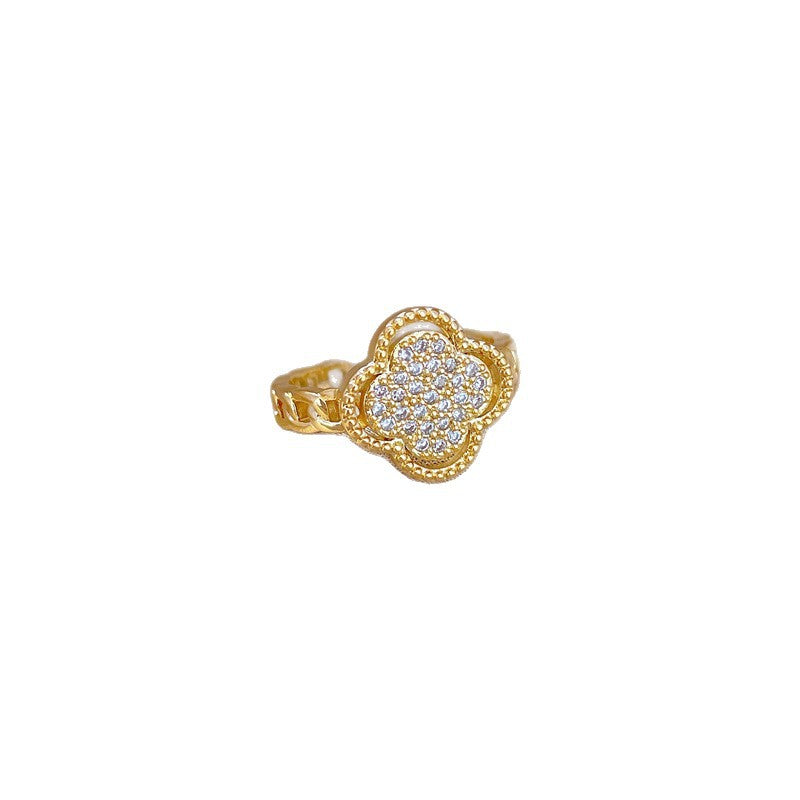 Minimalist Sweet Gold Plated Brass Adjustable Clover Ring for Women and Couples