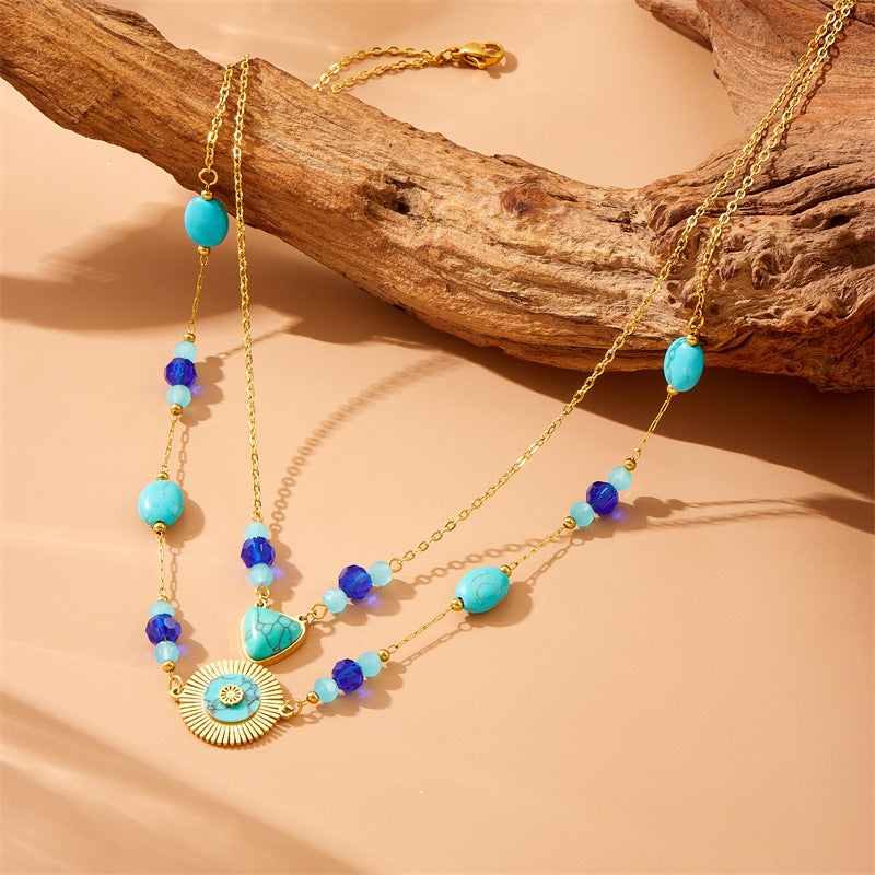 Vintage Bohemian Geometric Round Triangle Stainless Steel Plated Layered Beaded Turquoise Pendant Necklace for Women