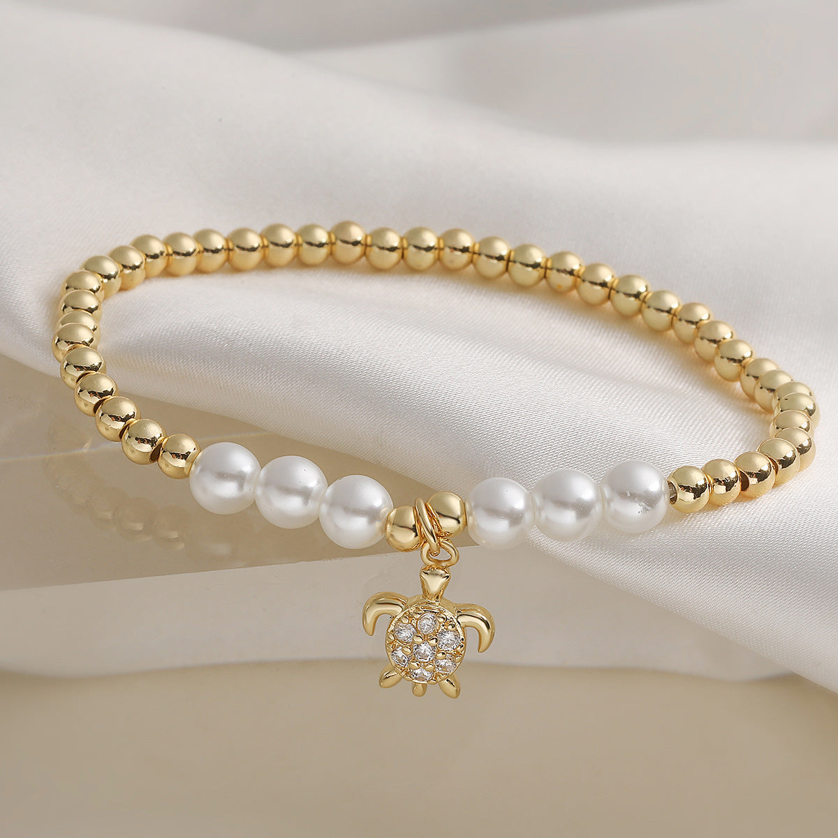 Fashion Minimalist 18K Gold Plated Brass Geometric Turtle Cubic Zirconia Pearl Ball Chain Bracelet for Women