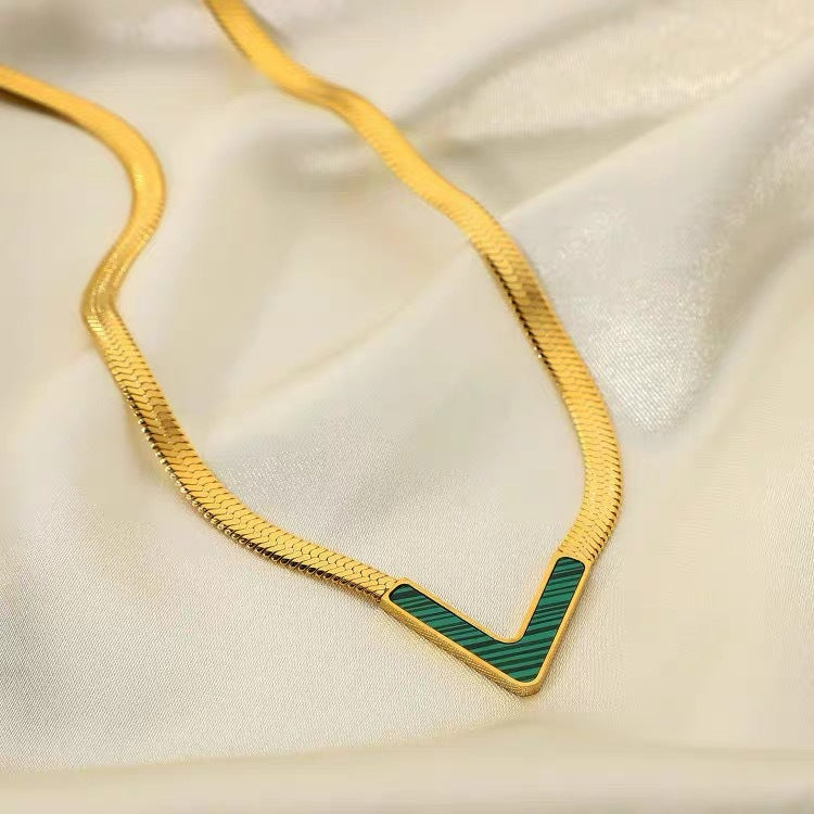 Minimalist V-Shaped Titanium Steel Necklace for Women with Flat Snake Chain and Letter Accent