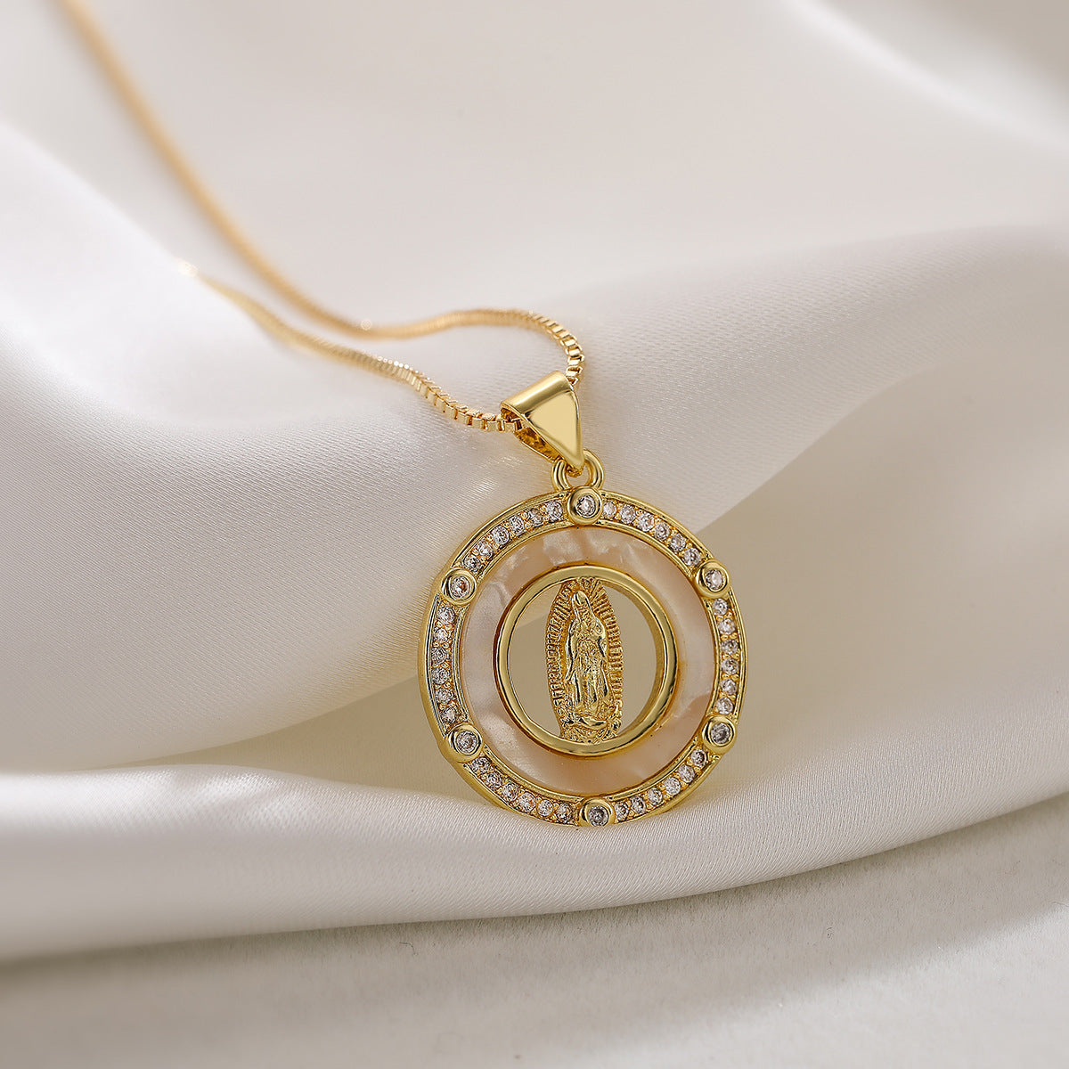 Minimalist Geometric Mother Mary Shell Pendant Necklace for Women with Copper Base and 18K Gold Plating, Zircon Inlay