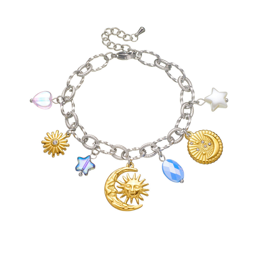 Fashion Elegant Drip Oil Plated Stainless Steel Bracelet with Tulip Moon Star Heart Floral Geometric Charms for Women