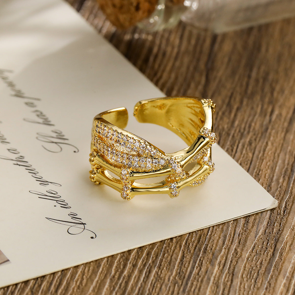 Minimalist Geometric Open Ring for Women Made of Brass with 18K Gold Plating and Micro-Paved Zircon