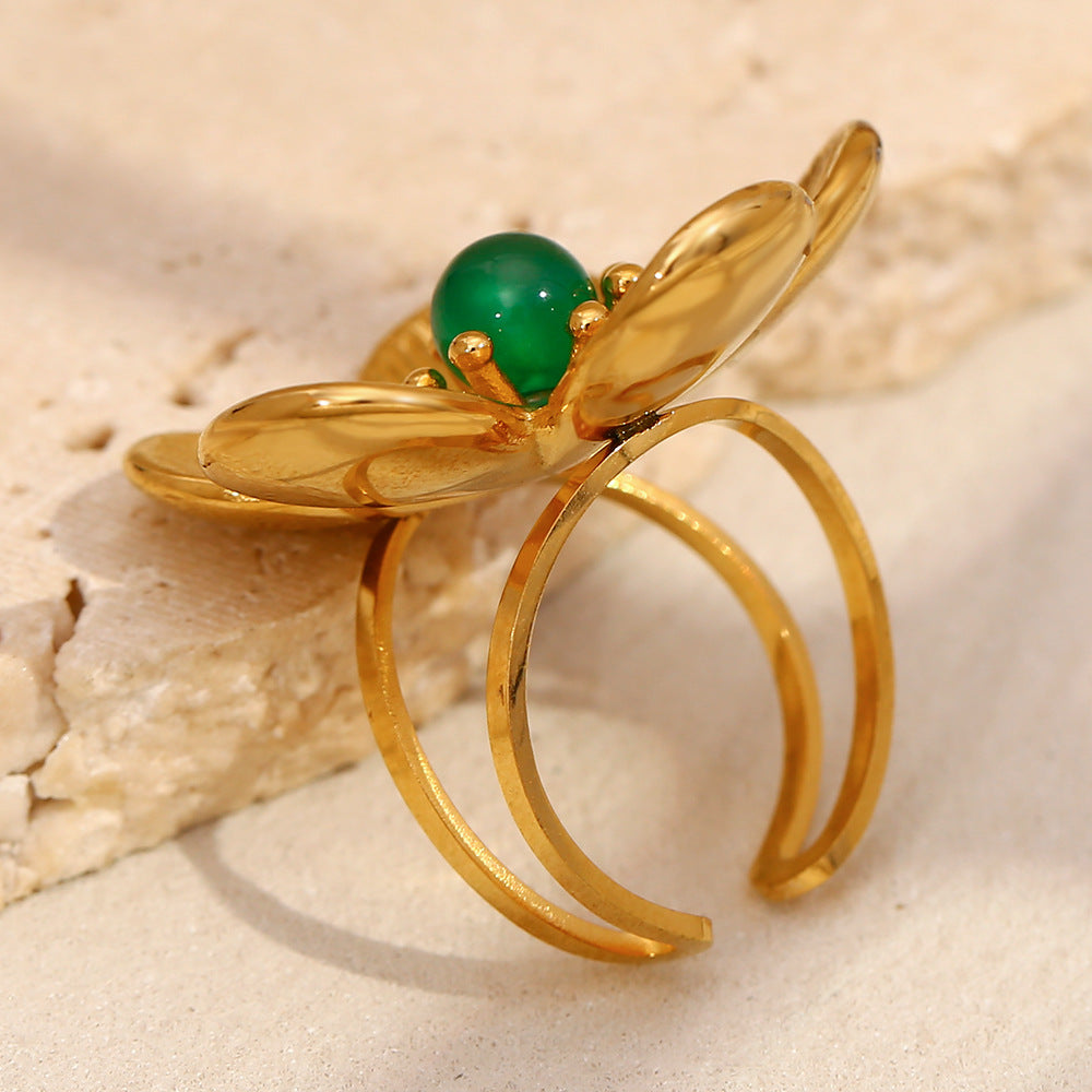 Vintage Floral Stainless Steel Ring with 18K Gold Plating and Emerald Accents for Women