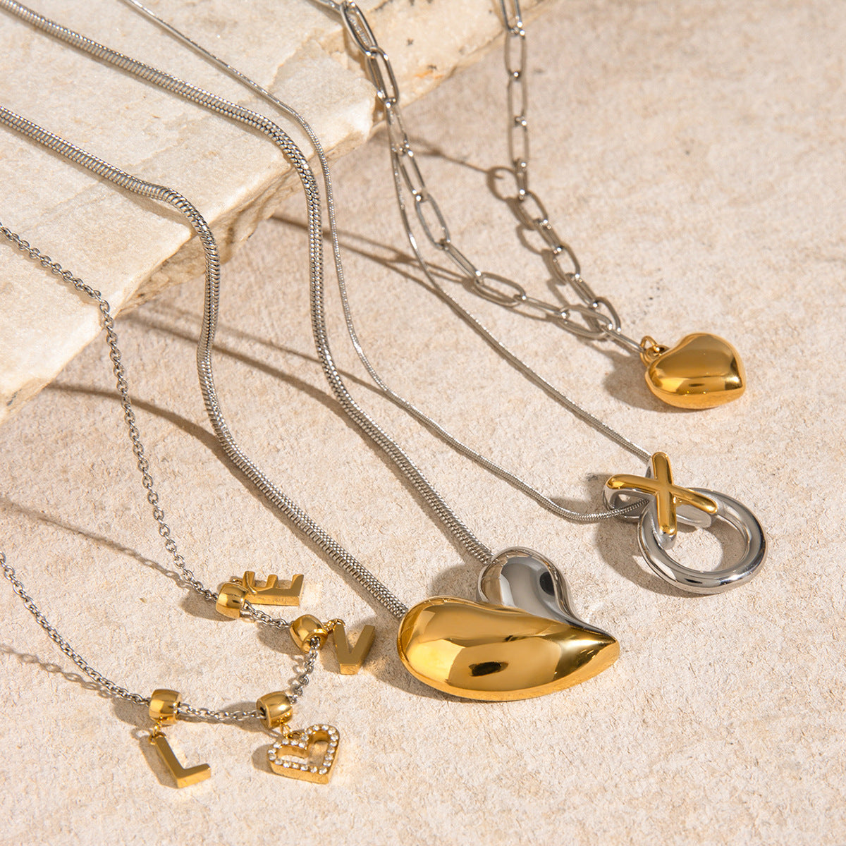 Fashion Two-Tone Heart and Letter Pendant Stainless Steel Necklace for Women