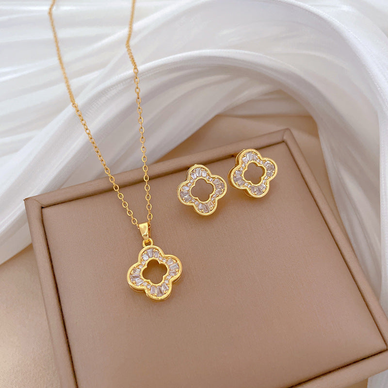 Luxury Fresh and Sweet Plated Brass Zircon Micro-Pave Earrings and Necklace Set