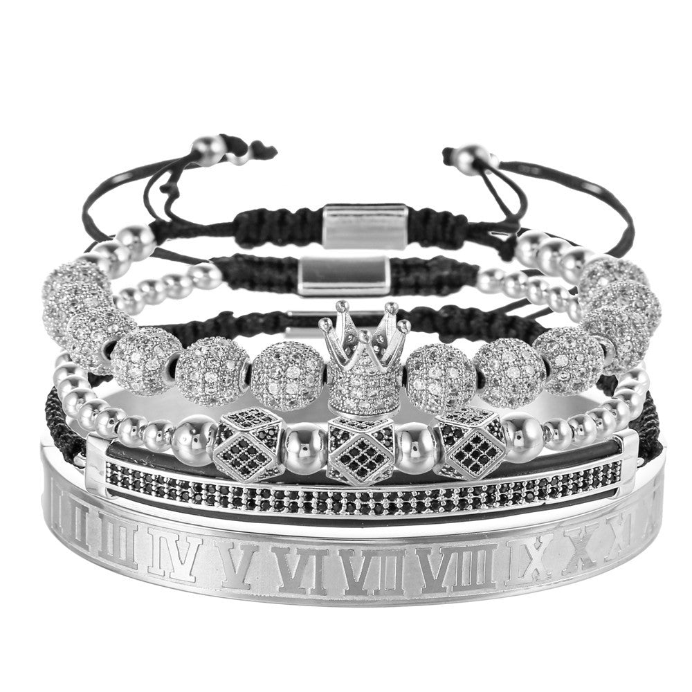Vintage Punk Geometric Crown Brass Micro-inlay Cubic Zirconia Stainless Steel Braided Bracelet Set for Unisex