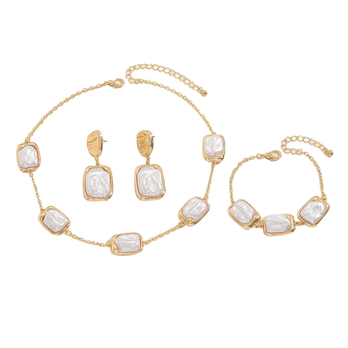 Vintage Geometric Pearl-Inlaid Zinc Alloy Necklace Set for Women with Matching Bracelet and Earrings