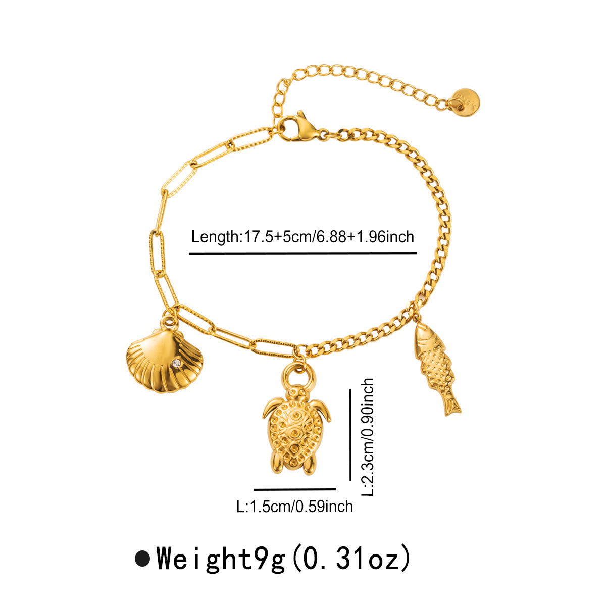 Pulsera de mujer con colgante de estrella de mar y tortuga estilo vacaciones en acero inoxidable con incrustaciones de diamantes de imitación