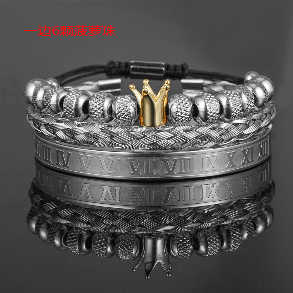 Vintage Crown Geometric Micro-inlay Stainless Steel Mesh Open Cuff Bracelet Set for Unisex