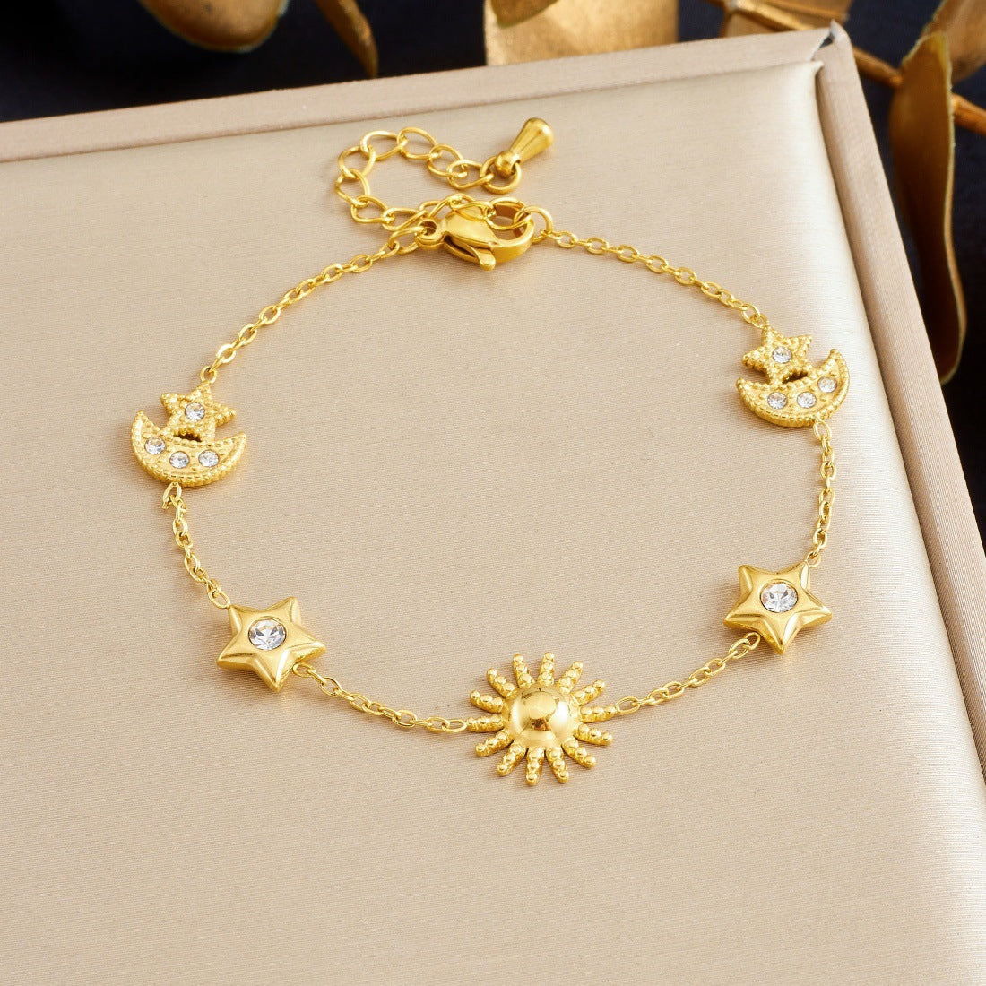 Sweet Gold Plated Stainless Steel Star Moon Sun Pendant with Rhinestone Inlay for Women