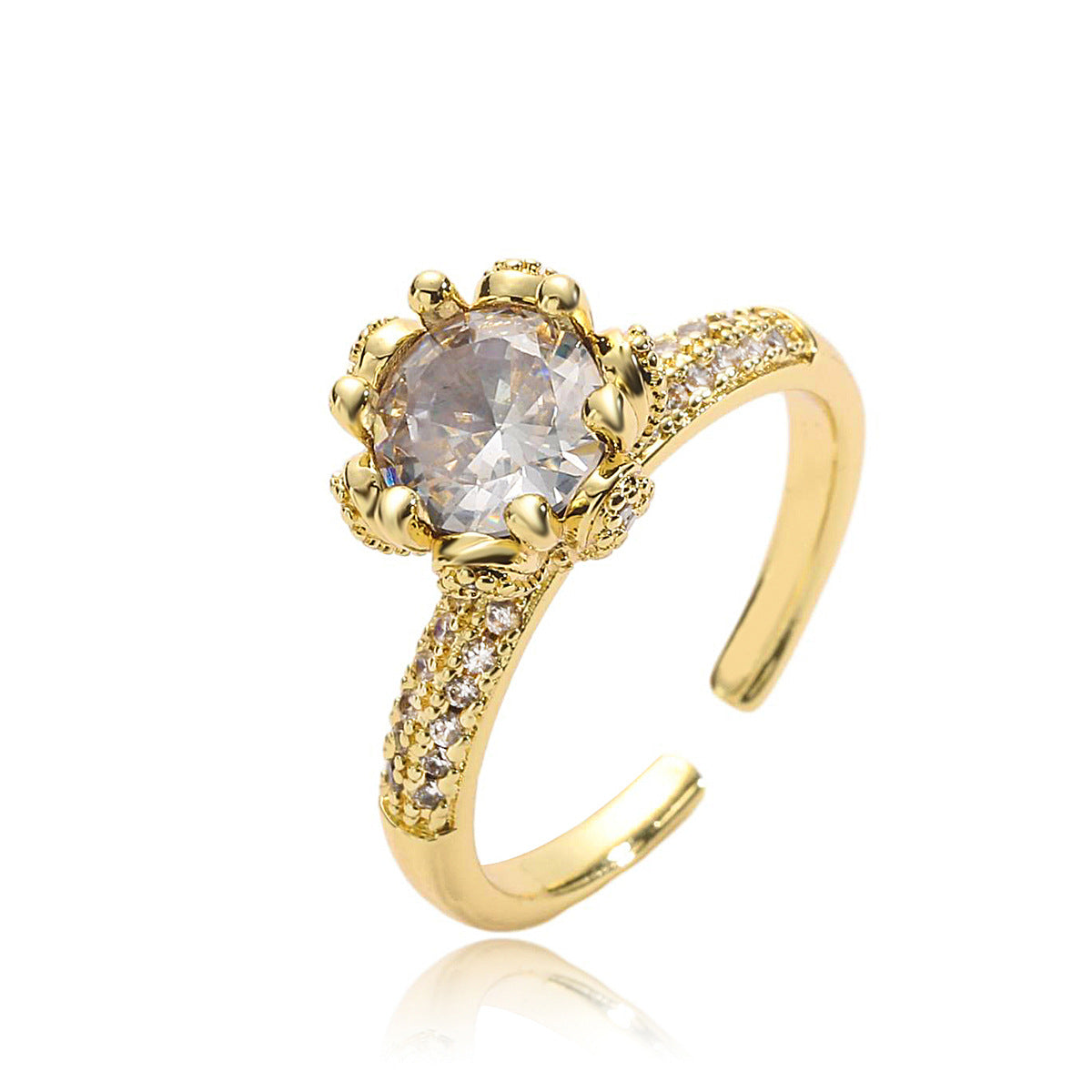 Anello Aperto Geometrico Minimalista da Donna in Ottone Placcato Oro Vero con Intarsio di Zirconi
