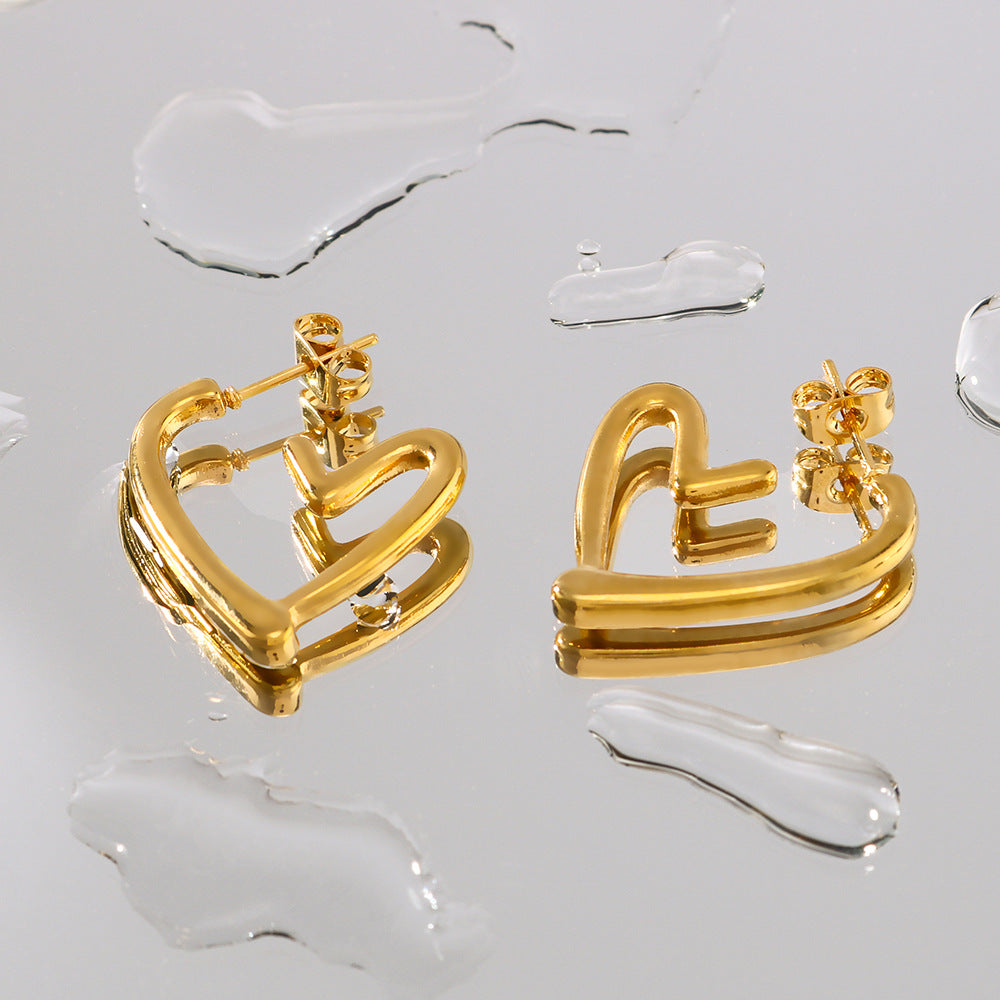 Irregular Hollow Heart-Shaped Stainless Steel Earrings with 18K Gold Plating, Lightweight Waterproof Women's Fashion Jewelry