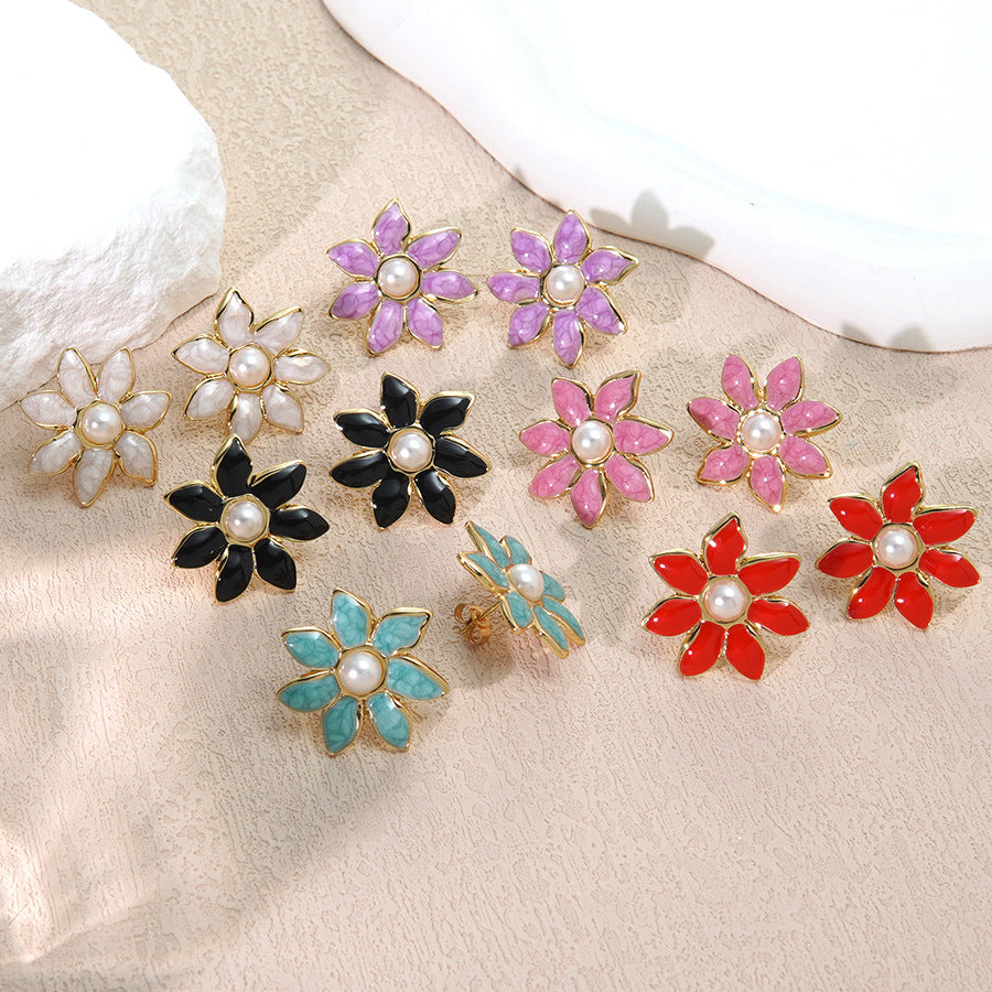 Vintage Elegant Drip Oil Floral Stainless Steel Pearl Stud Earrings
