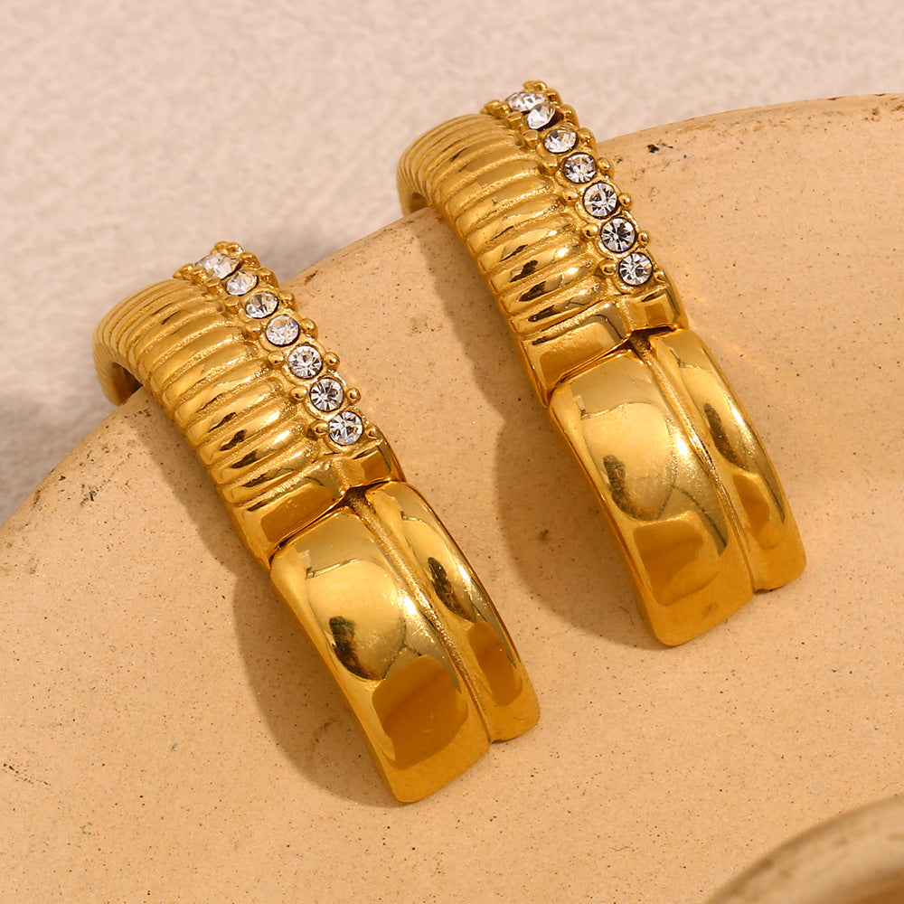 Minimalist Geometric Stainless Steel Earrings with 18K Gold Plating and Zircon Accent Studs