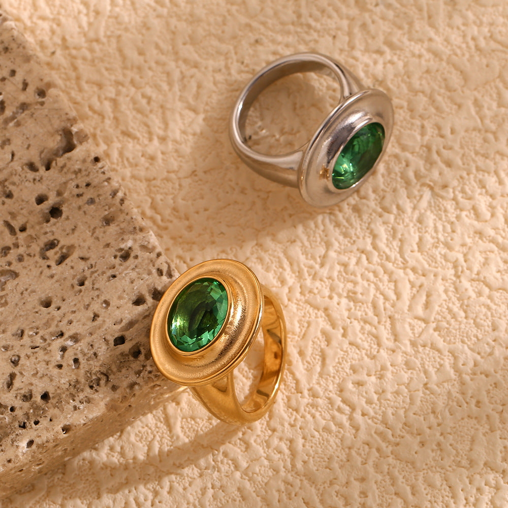 Vintage Style Oval-Shaped Stainless Steel Ring with 18K Gold Plating and Green Zircon Inlay for Women