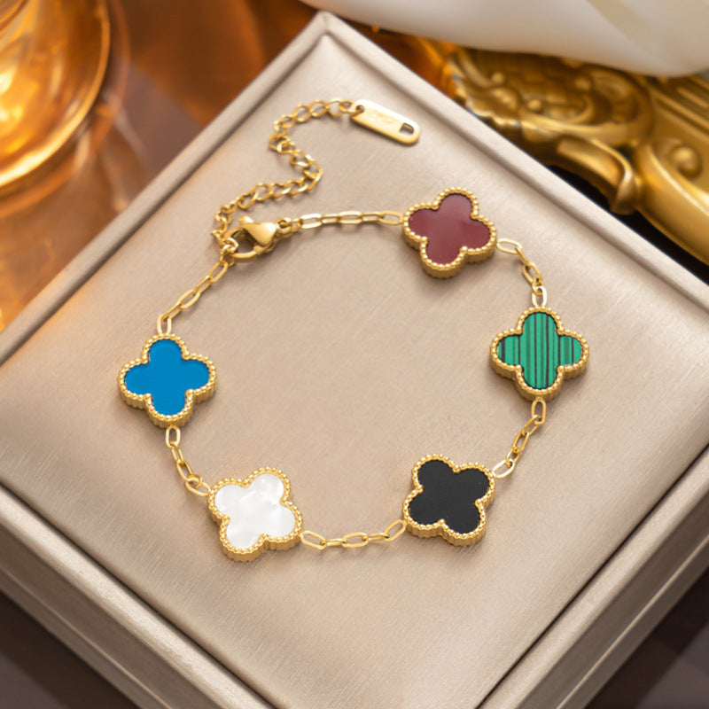 Luxury Geometric Four-Leaf Clover Bracelet 18K Gold Plated Titanium Steel Five-Color Double-Sided Women