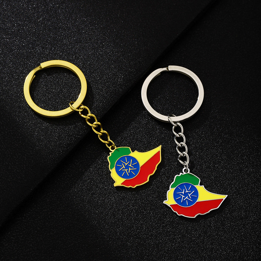 Llavero con la bandera de Etiopía en acero de titanio con diseño étnico, accesorio unisex